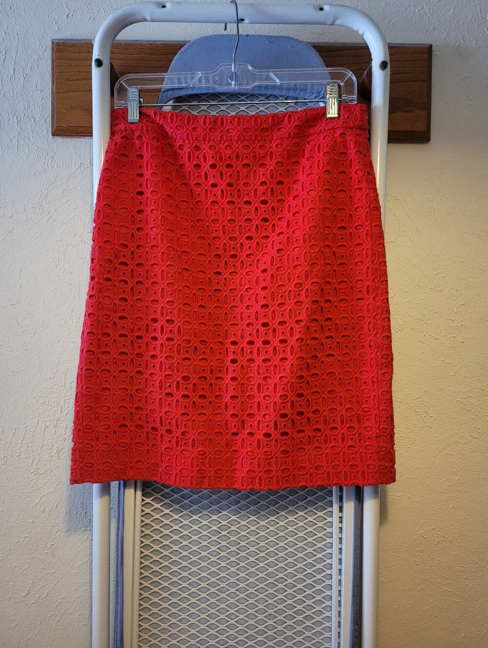 J. Crew Red Eyelet Lace Pencil Skirt
